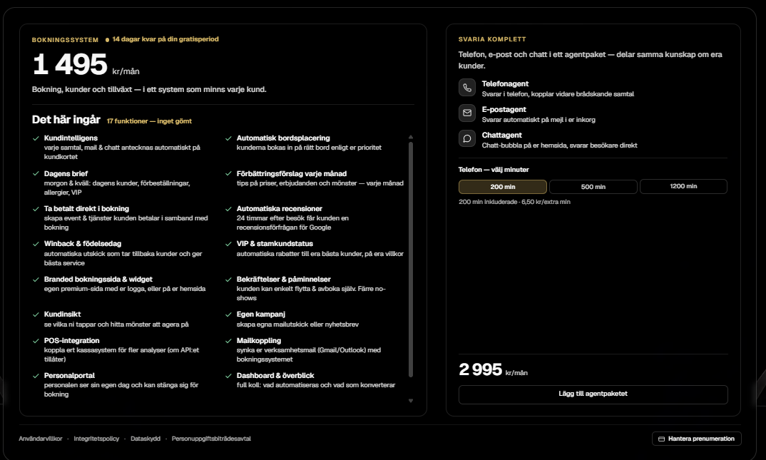 Svaria app billing 2026-07-24: Svaria Komplett 2 995 kr/mån för 200 minuter