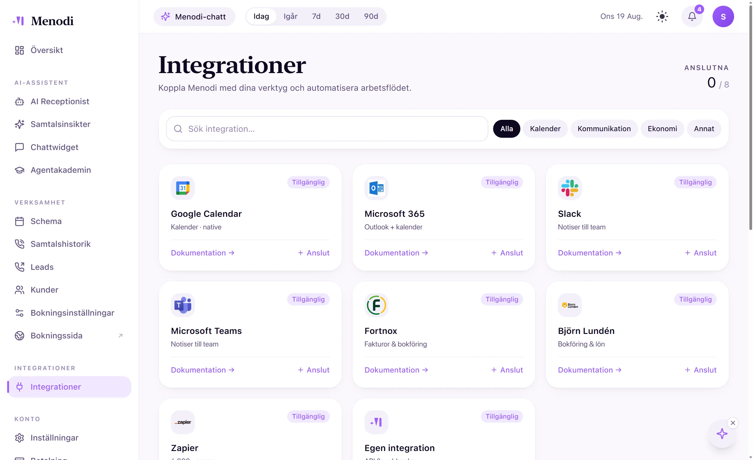 Integrationsvyn i Menodi: Google Calendar, Microsoft 365, Slack, Teams och fler kopplingar