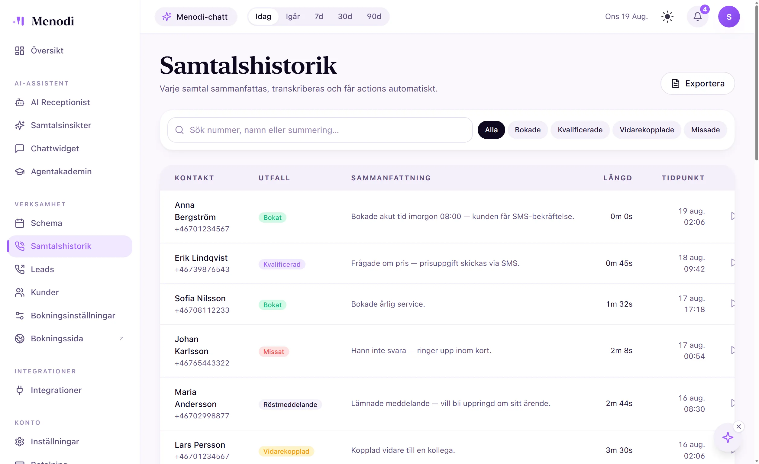 Samtalshistorik i Menodi: varje samtal med utfall, AI-sammanfattning och längd