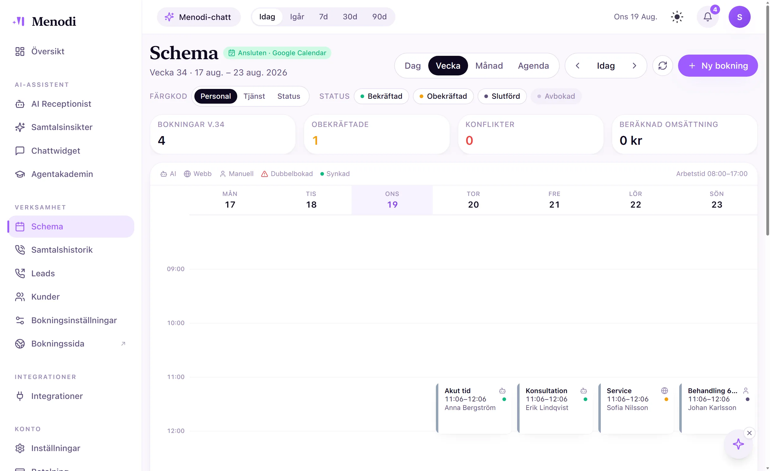 Google Calendar ansluten i Menodi: schemavyn visar bokningar som AI-receptionisten skrivit i kalendern