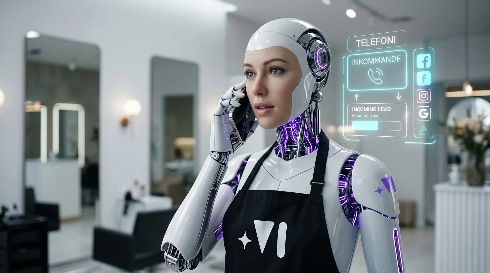 Robotreceptionist i en modern salong som ringer ett samtal, med hologram över inkommande leads och samtal