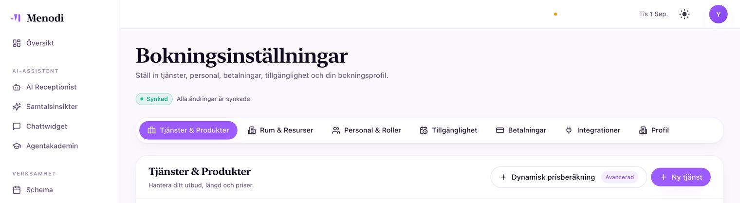 Bokningsinställningar i Menodi med knappen Dynamisk prisberäkning markerad Avancerad