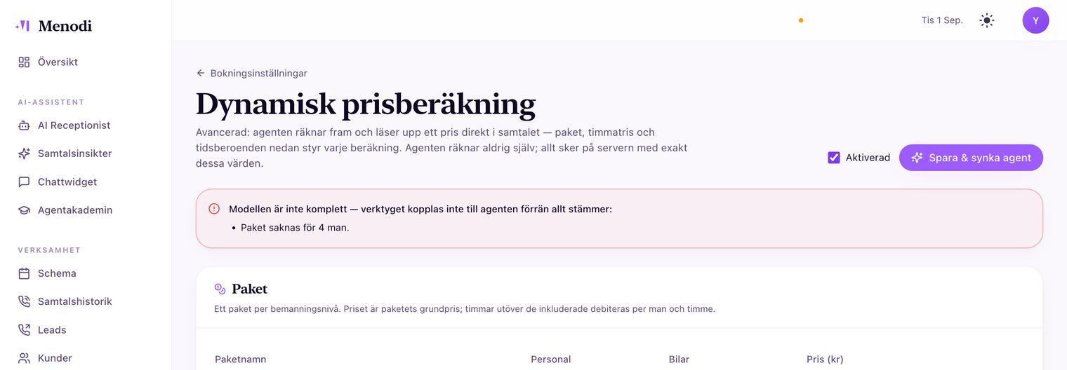 Varningsruta i Menodi: Modellen är inte komplett — verktyget kopplas inte till agenten förrän allt stämmer