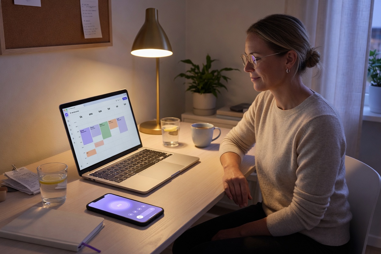 Företagare planerar bokningar i kalendern medan AI-receptionisten tar samtal — Menodi från 795 kr/mån