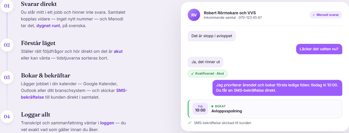 AI-agent i telefon: Menodi förstår ärendet, prioriterar akut och bokar tiden — hela samtalet transkriberat