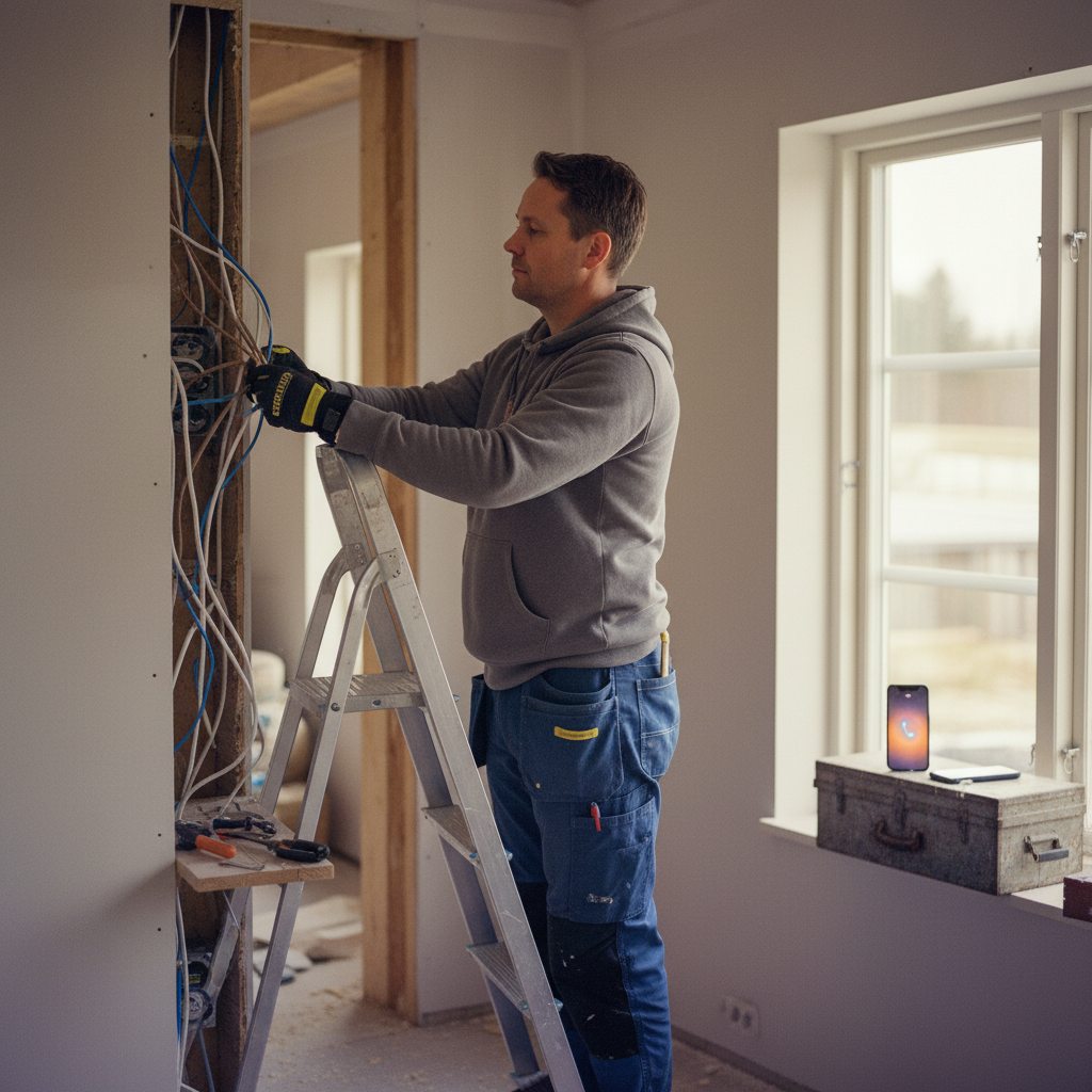 Elektriker som jobbar koncentrerat i en vägg medan telefonen ligger och ringer obemärkt bredvid honom — svarstjänsten tar hand om samtalet