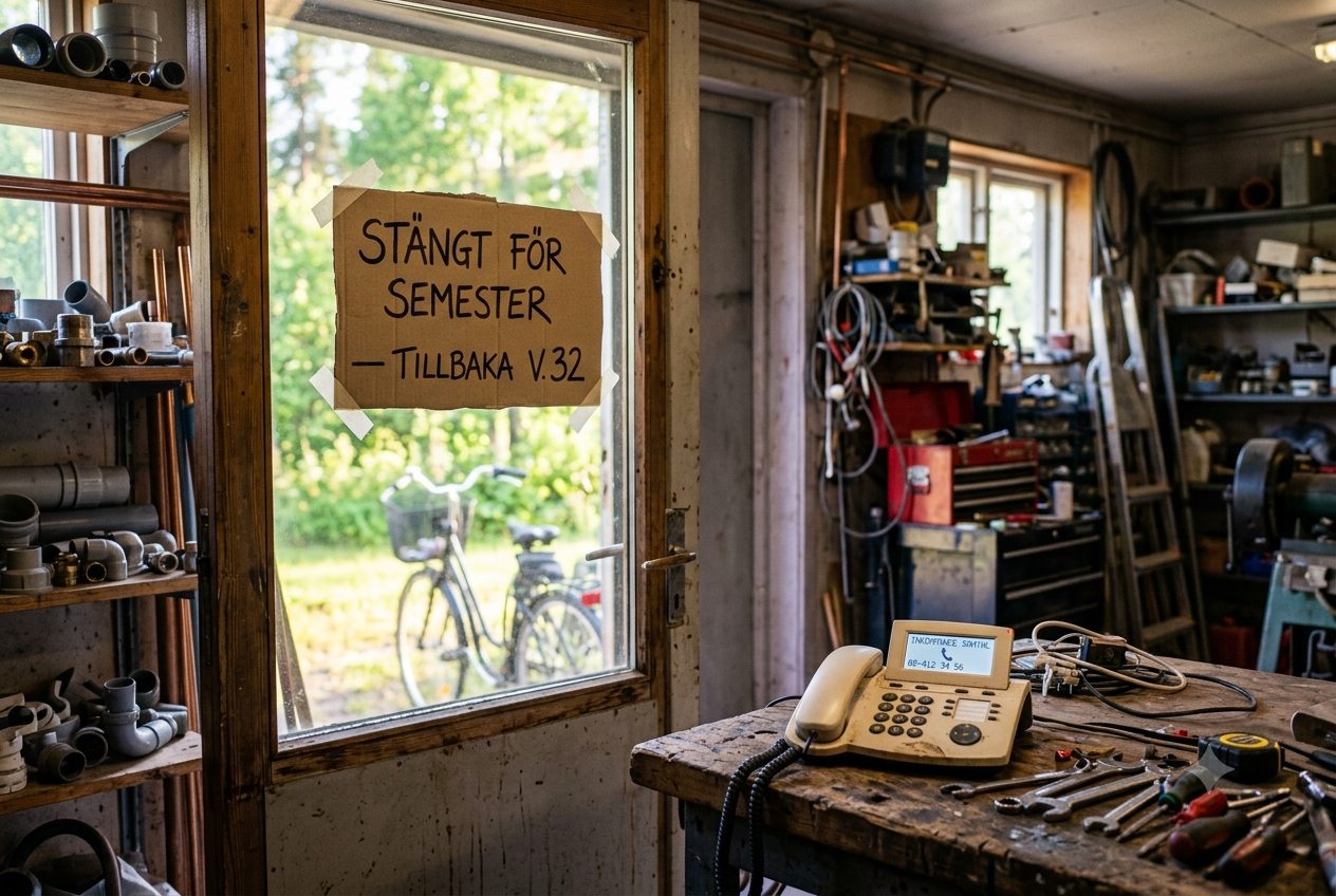 Ett stängt hantverksföretag under industrisemestern — skylten Stängt för semester i dörren medan telefonen ringer obesvarad på verkstadsbordet